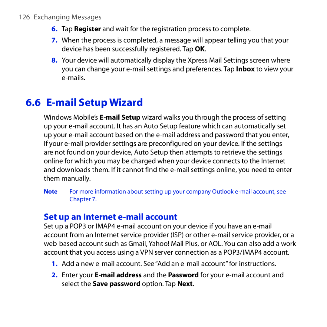 HTC FUZE user manual Mail Setup Wizard, Set up an Internet e-mail account 