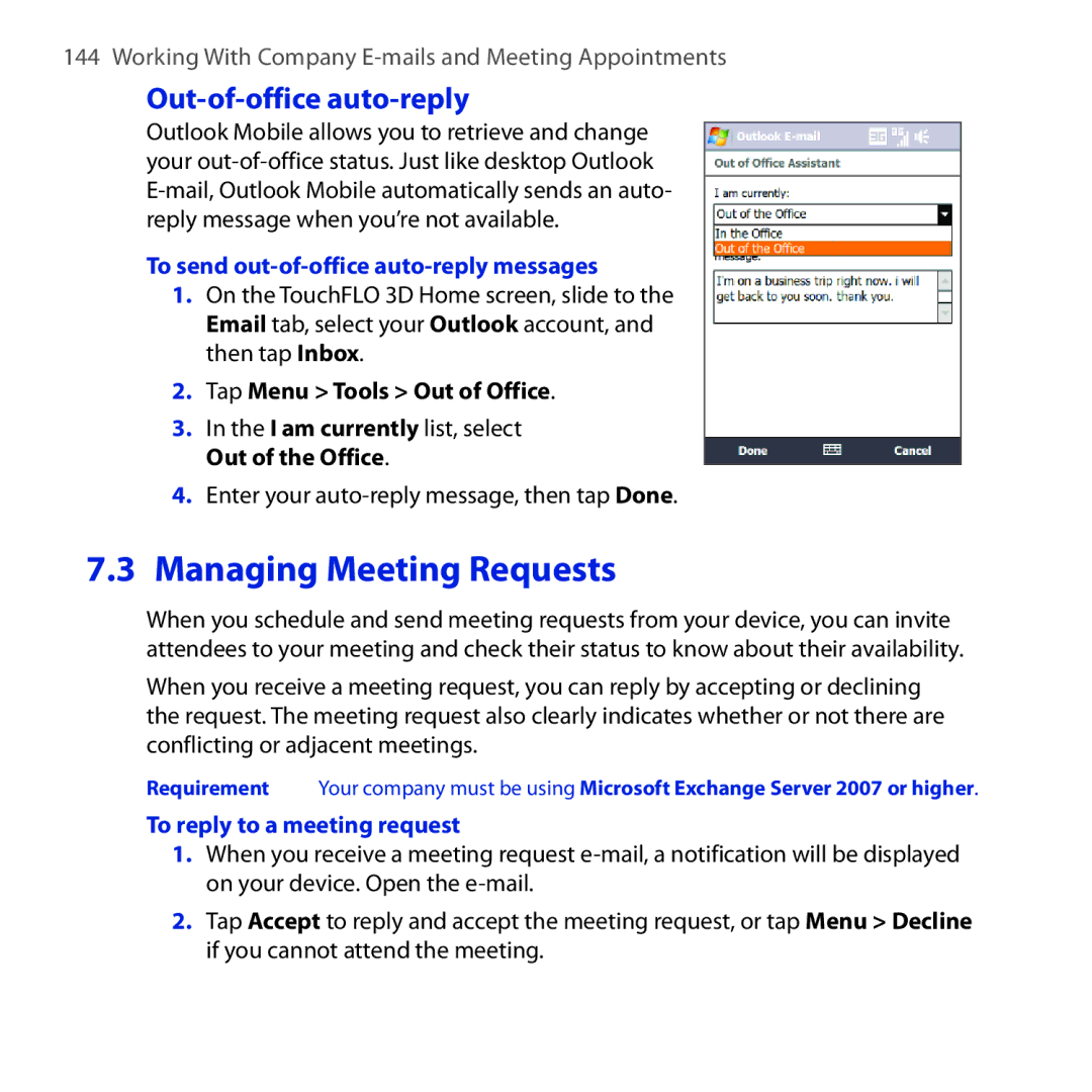 HTC FUZE user manual Managing Meeting Requests, Out-of-office auto-reply, To send out-of-office auto-reply messages 