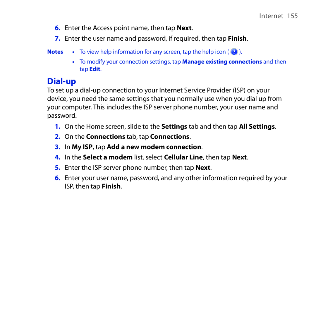 HTC FUZE user manual Dial-up 