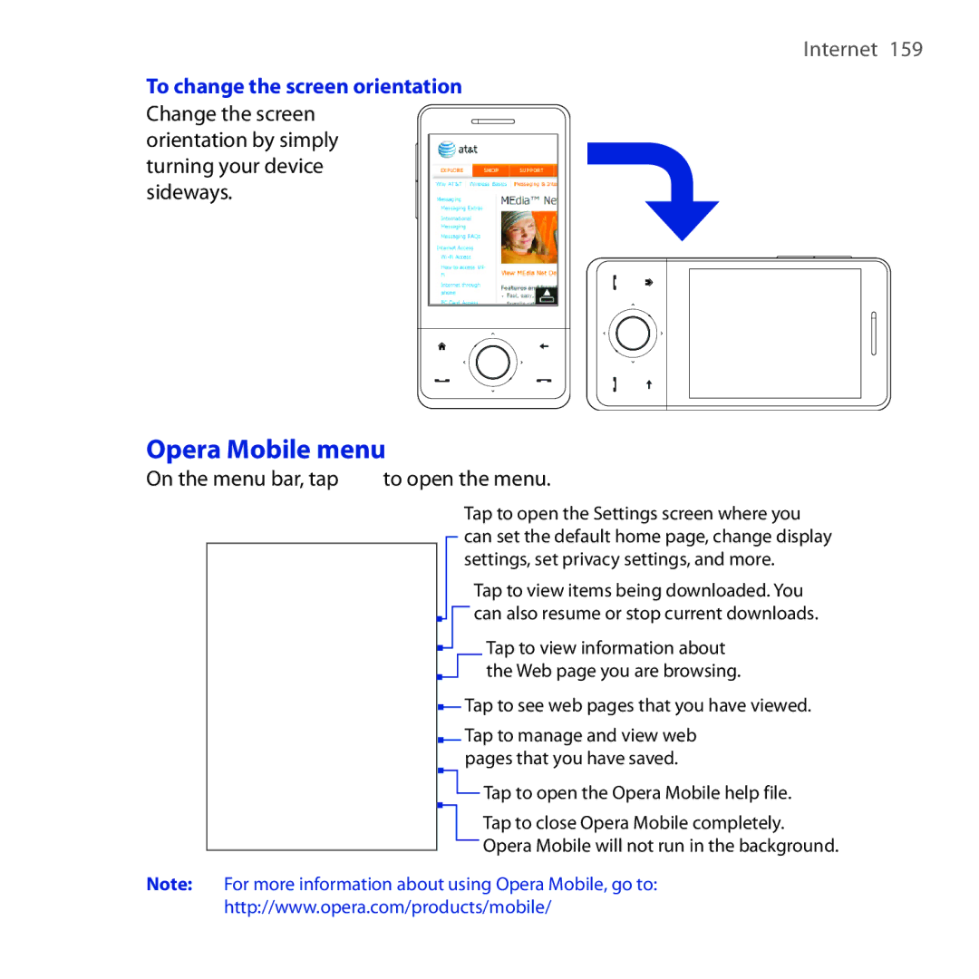 HTC FUZE user manual Opera Mobile menu, To change the screen orientation, On the menu bar, tap to open the menu 