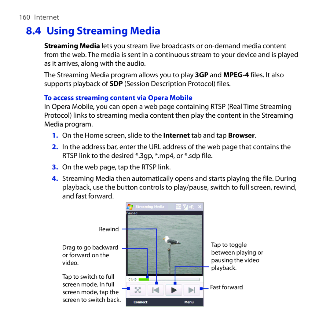 HTC FUZE user manual Using Streaming Media, To access streaming content via Opera Mobile 