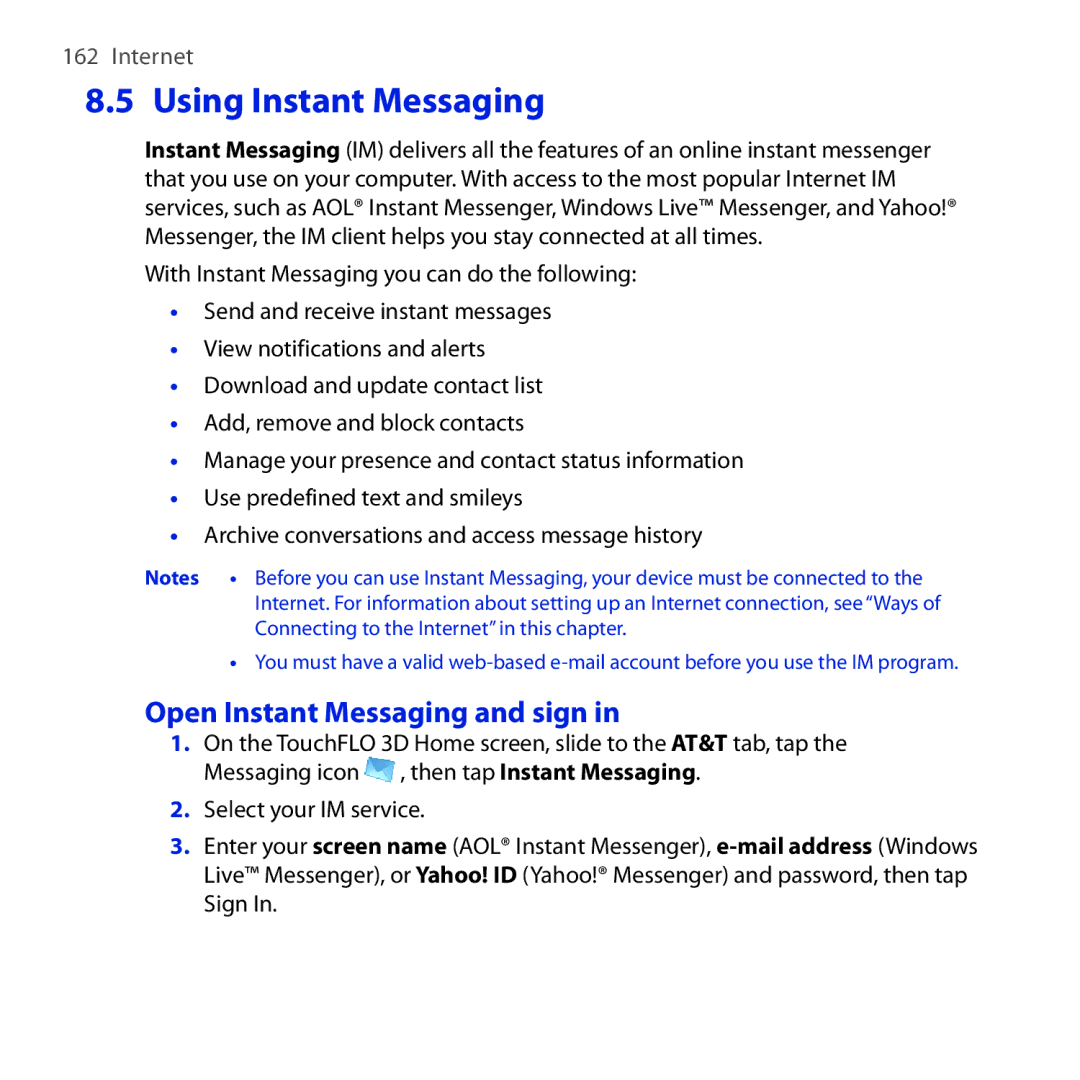 HTC FUZE user manual Using Instant Messaging, Open Instant Messaging and sign 