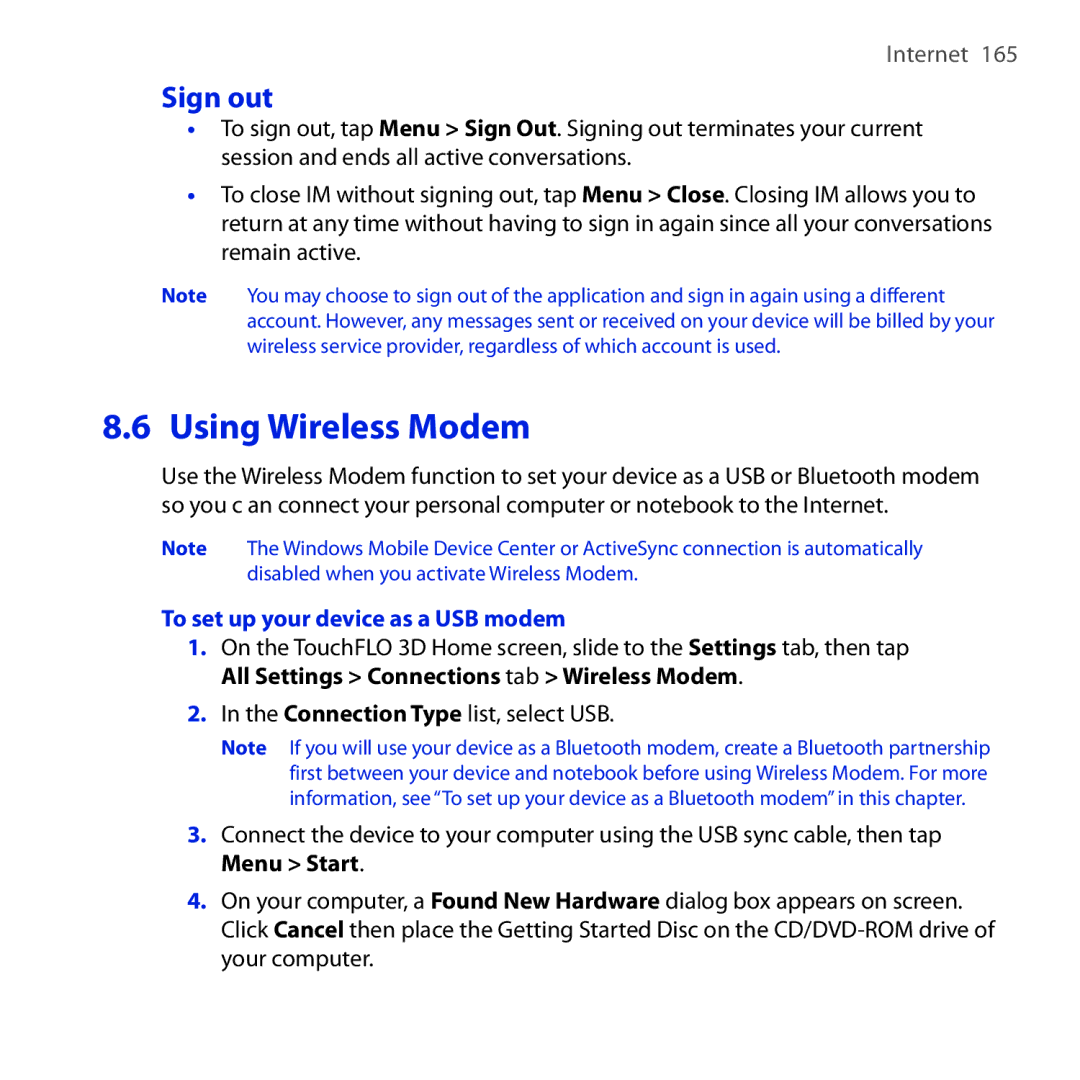 HTC FUZE user manual Using Wireless Modem, Sign out, To set up your device as a USB modem 