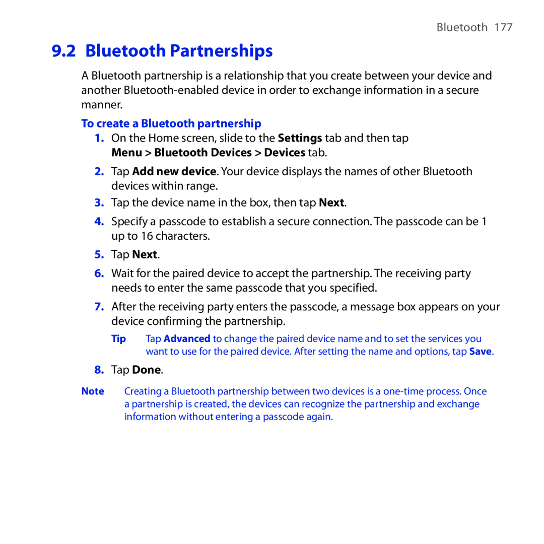 HTC FUZE user manual Bluetooth Partnerships, To create a Bluetooth partnership 