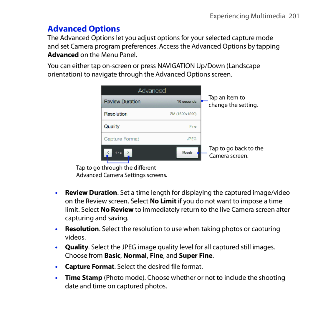 HTC FUZE user manual Advanced Options 