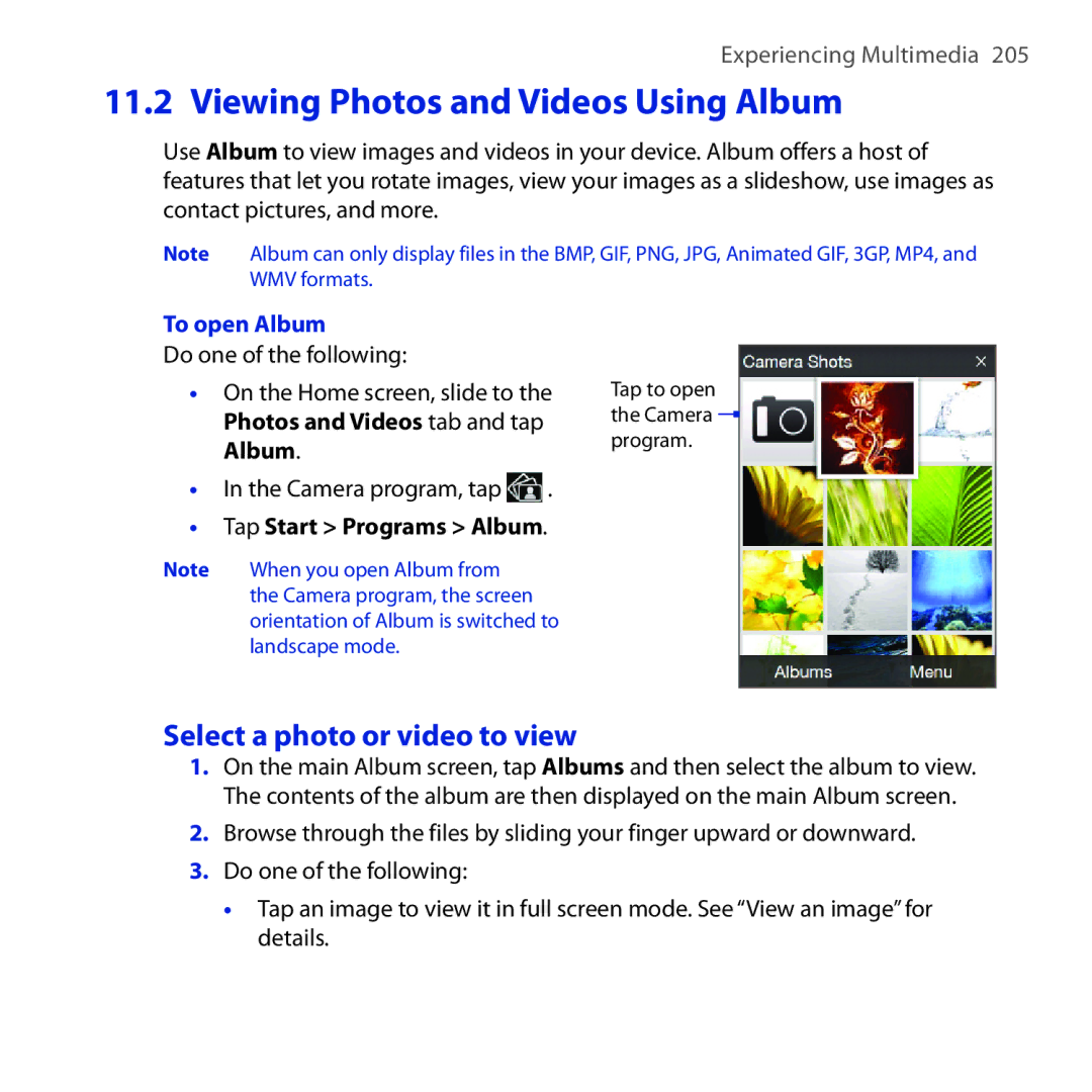 HTC FUZE Viewing Photos and Videos Using Album, Select a photo or video to view, To open Album, Tap Start Programs Album 