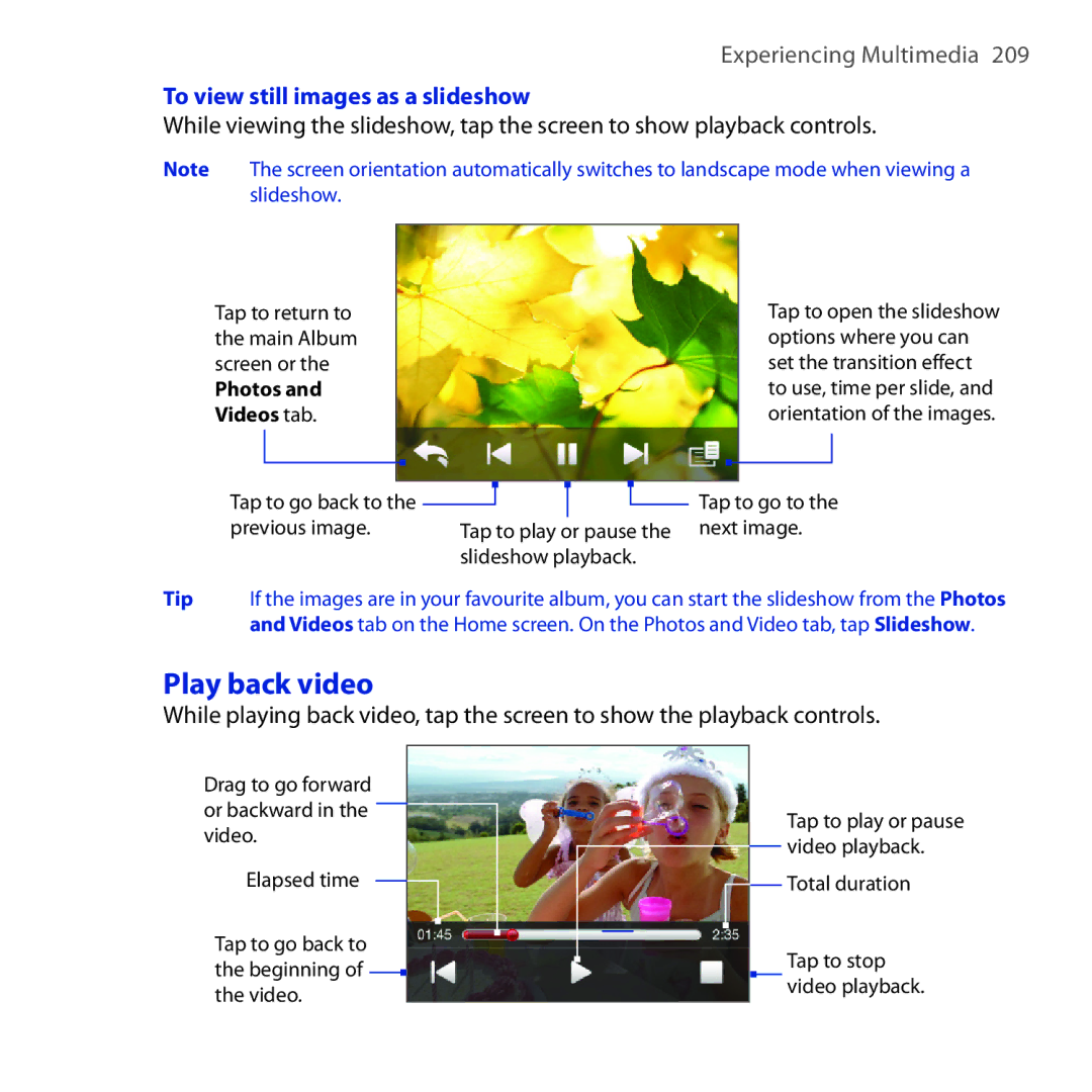 HTC FUZE user manual Play back video, To view still images as a slideshow 