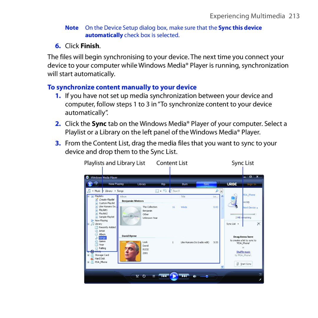 HTC FUZE user manual To synchronize content manually to your device 