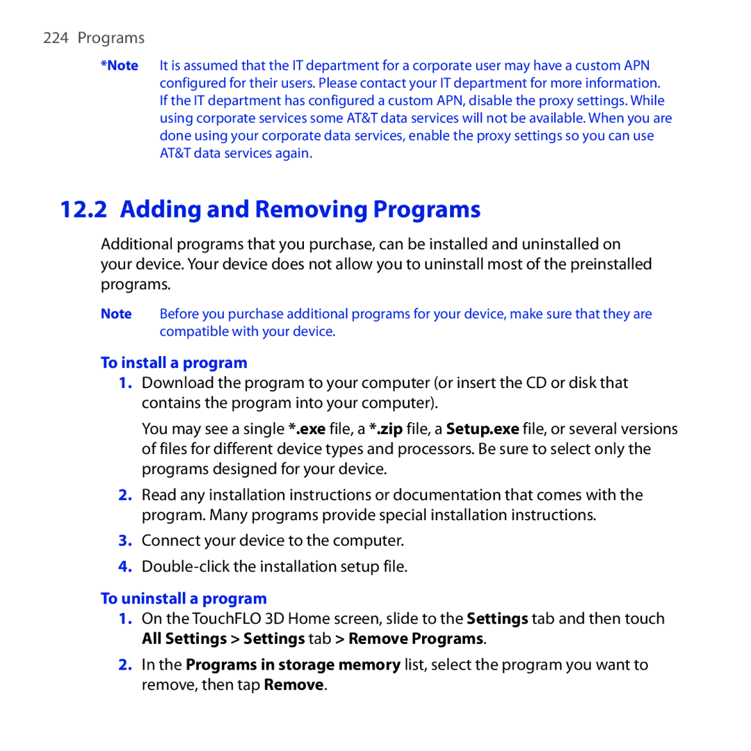 HTC FUZE user manual Adding and Removing Programs, To install a program, To uninstall a program 