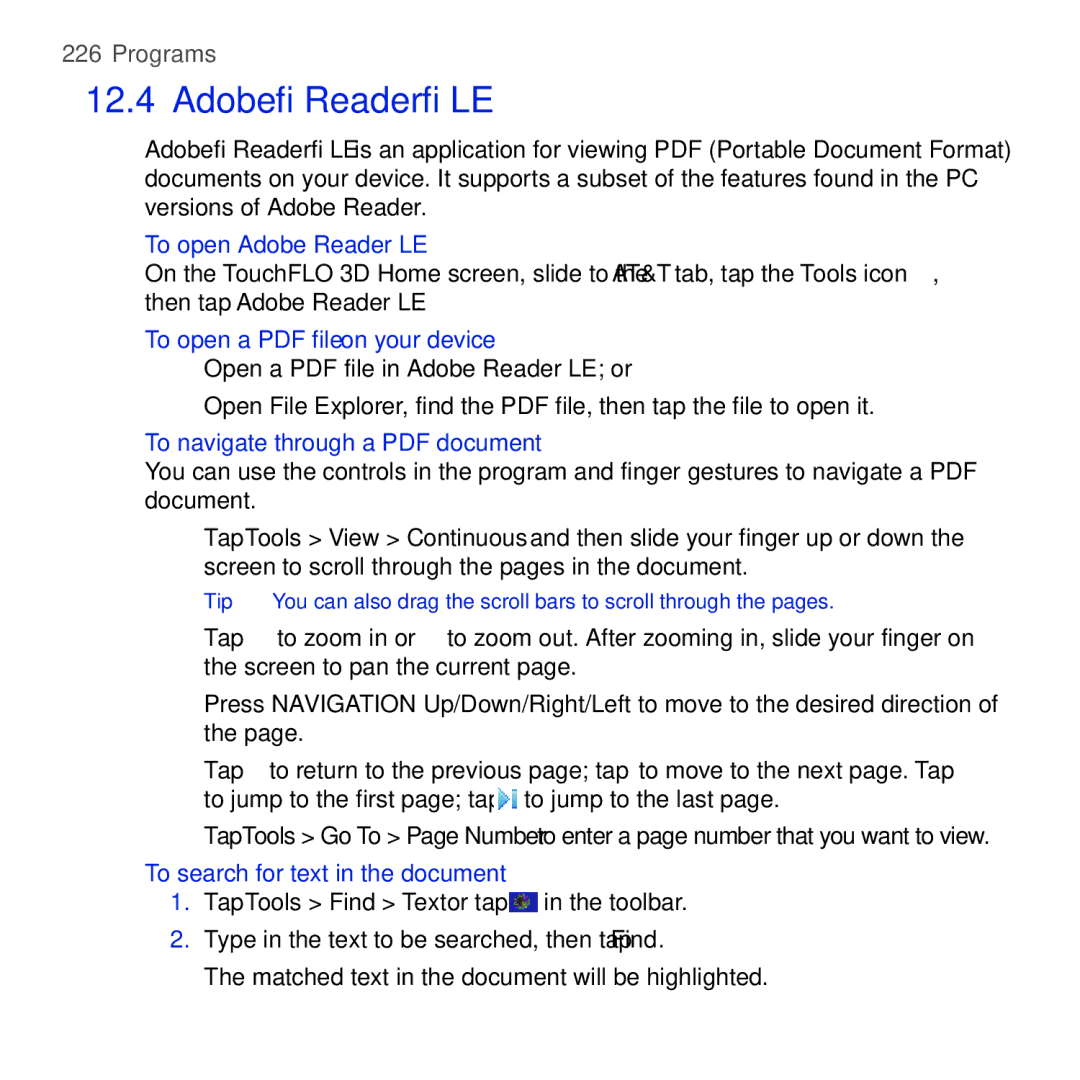 HTC FUZE user manual To open Adobe Reader LE, To search for text in the document 