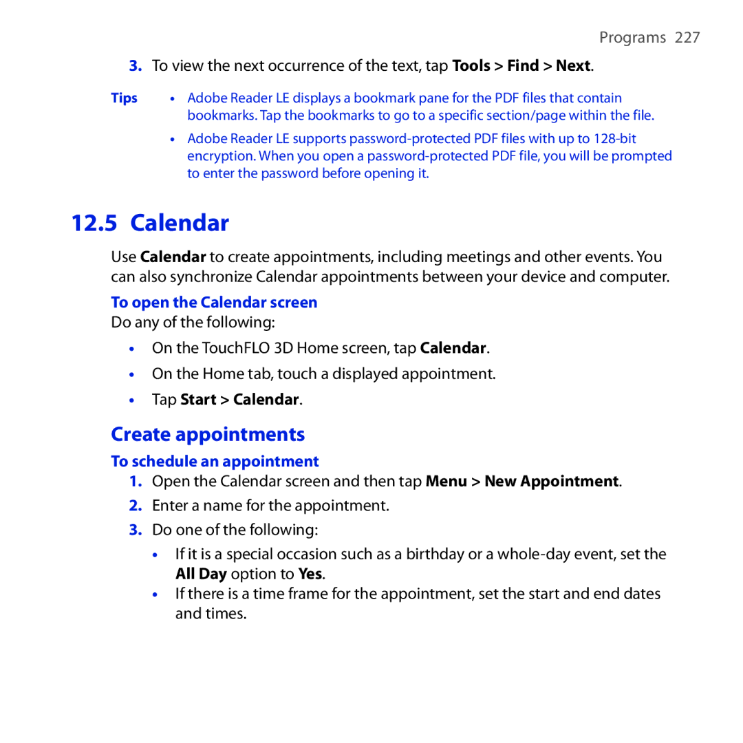 HTC FUZE user manual Create appointments, To open the Calendar screen, To schedule an appointment 