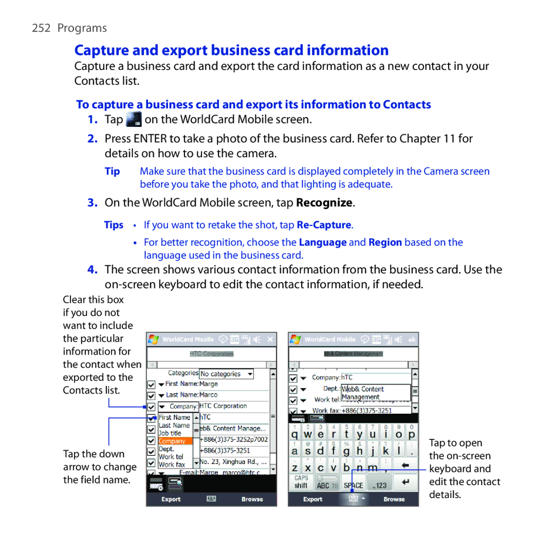 HTC FUZE user manual Capture and export business card information, On the WorldCard Mobile screen, tap Recognize 