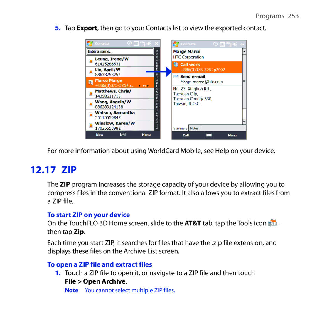 HTC FUZE user manual Zip, To start ZIP on your device, To open a ZIP file and extract files 