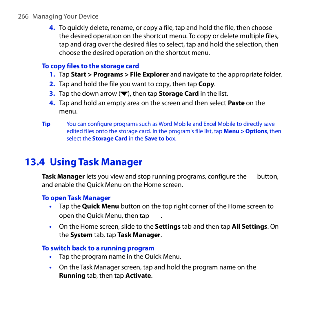 HTC FUZE Using Task Manager, To copy files to the storage card, To open Task Manager, To switch back to a running program 