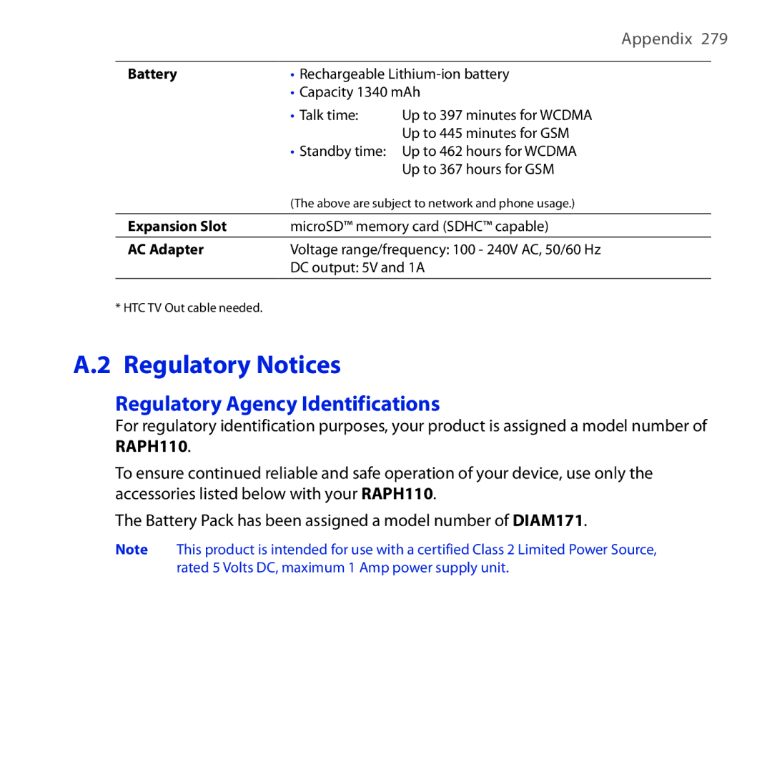 HTC FUZE user manual Regulatory Notices, Regulatory Agency Identifications 