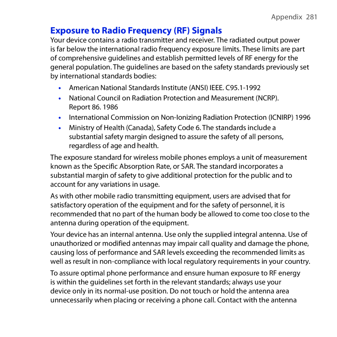 HTC FUZE user manual Exposure to Radio Frequency RF Signals 