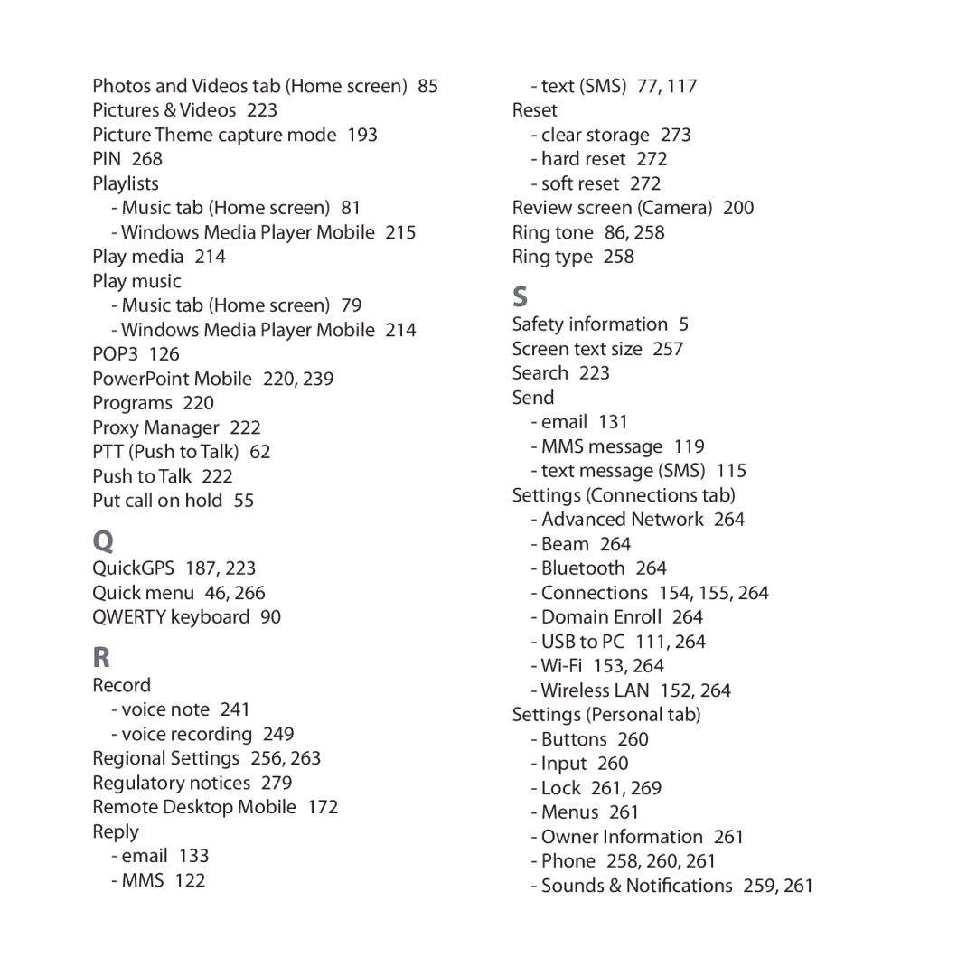 HTC FUZE user manual Wireless LAN 152, 264 Settings Personal tab 