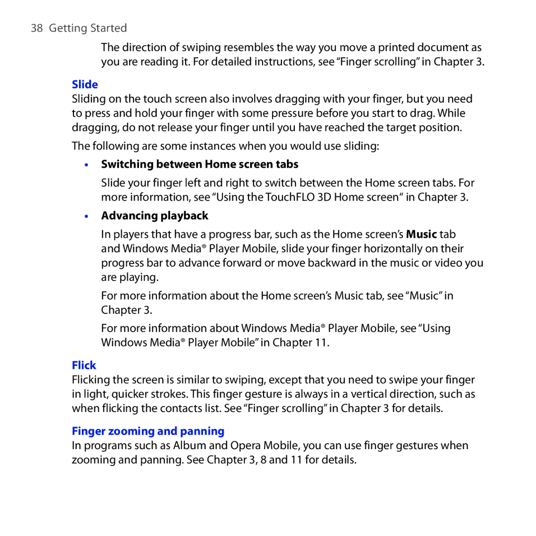 HTC FUZE user manual Slide, Switching between Home screen tabs, Advancing playback, Flick, Finger zooming and panning 