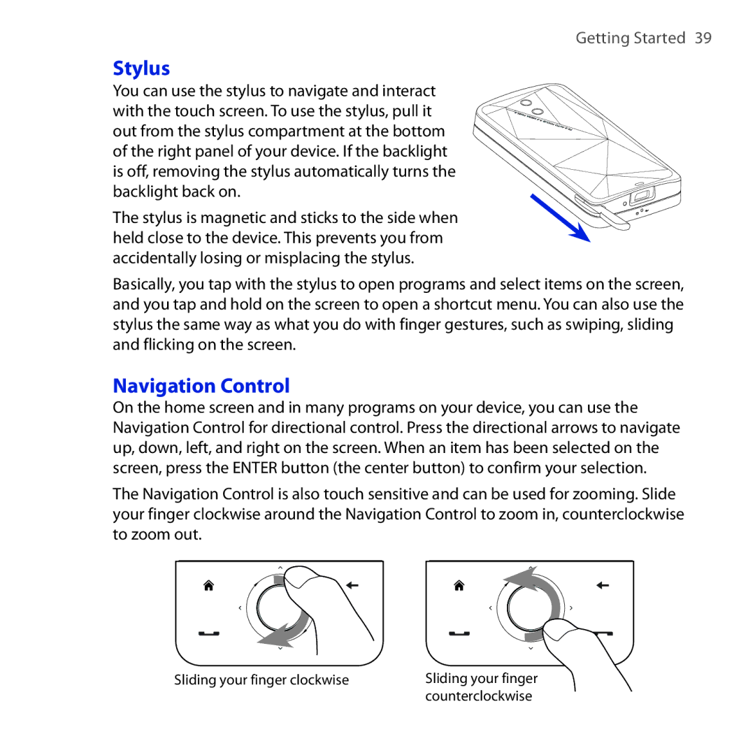 HTC FUZE user manual Stylus, Navigation Control, You can use the stylus to navigate and interact 