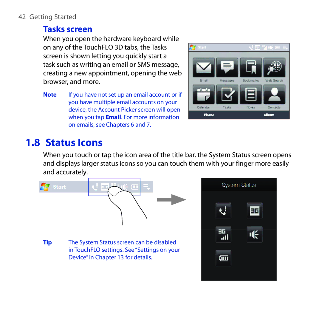 HTC FUZE user manual Status Icons, Tasks screen 