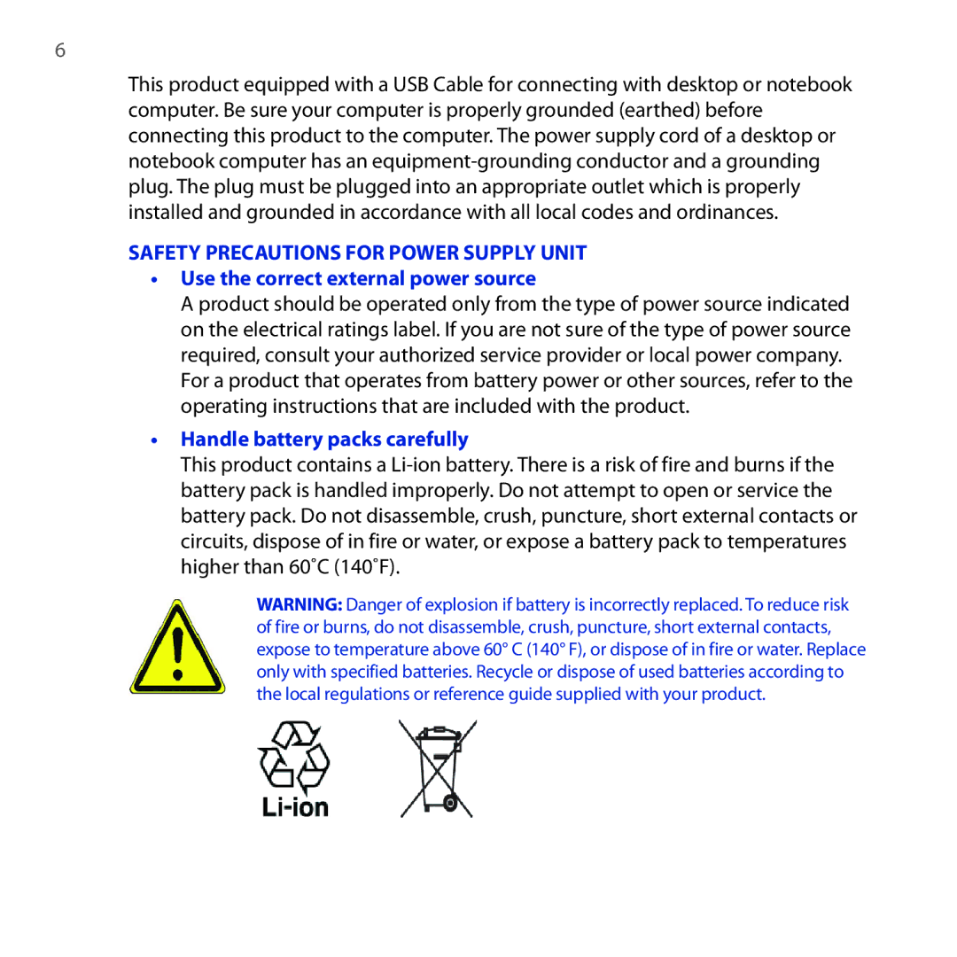 HTC FUZE user manual Use the correct external power source, Handle battery packs carefully 