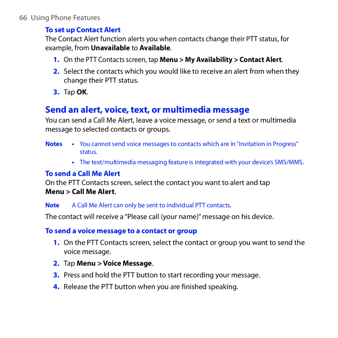 HTC FUZE user manual Send an alert, voice, text, or multimedia message, To set up Contact Alert, To send a Call Me Alert 