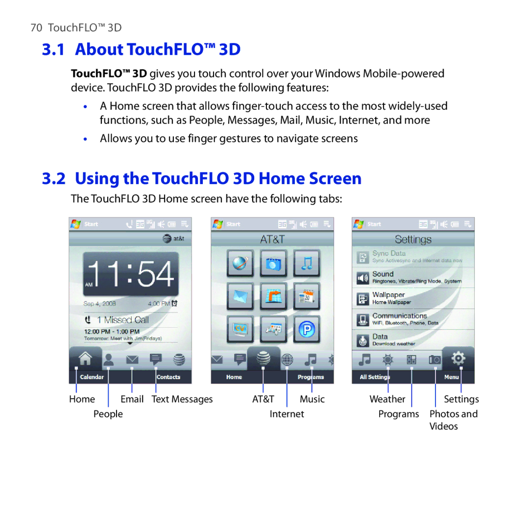 HTC FUZE user manual About TouchFLO 3D, Allows you to use finger gestures to navigate screens 