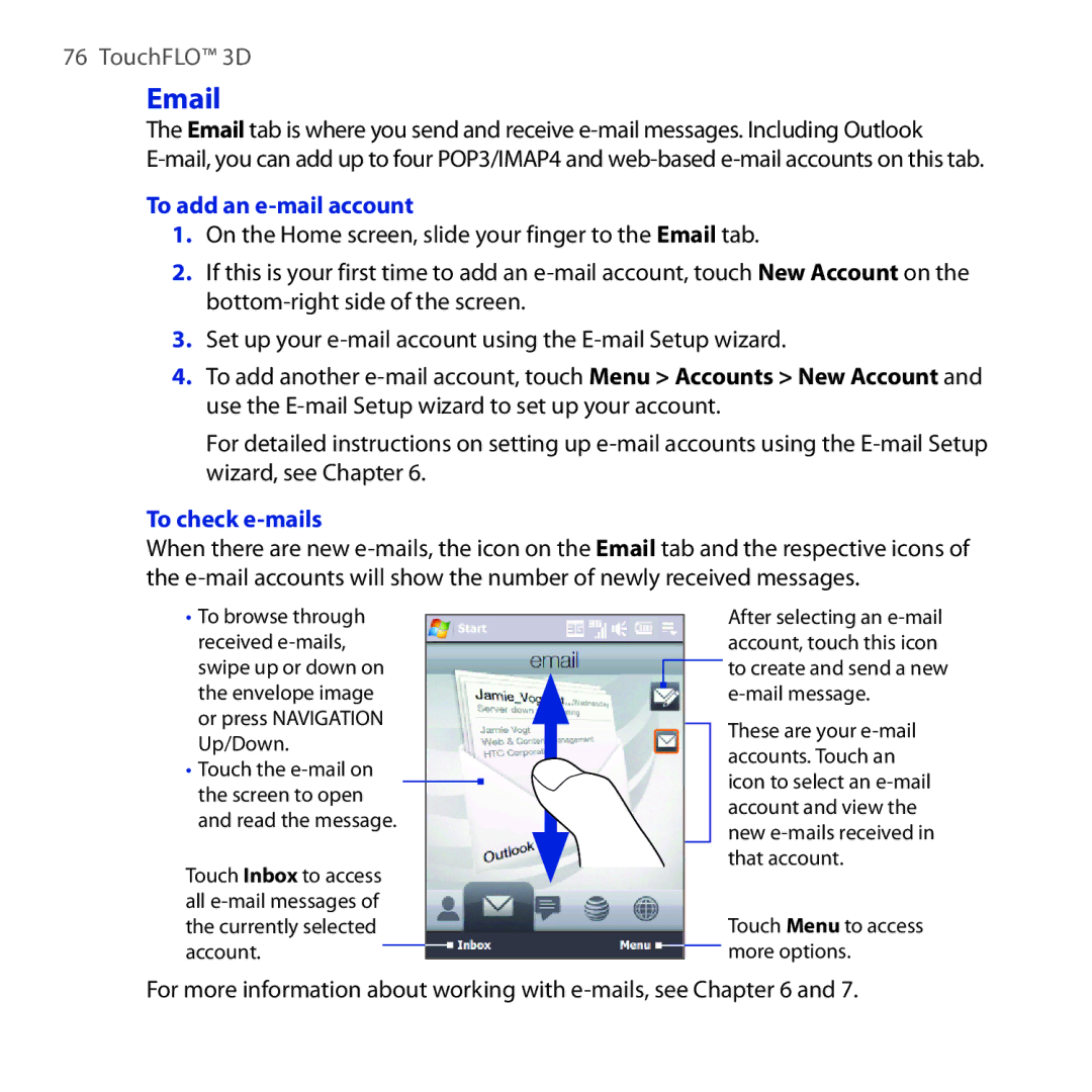 HTC FUZE user manual To add an e-mail account, To check e-mails, For more information about working with e-mails, see 