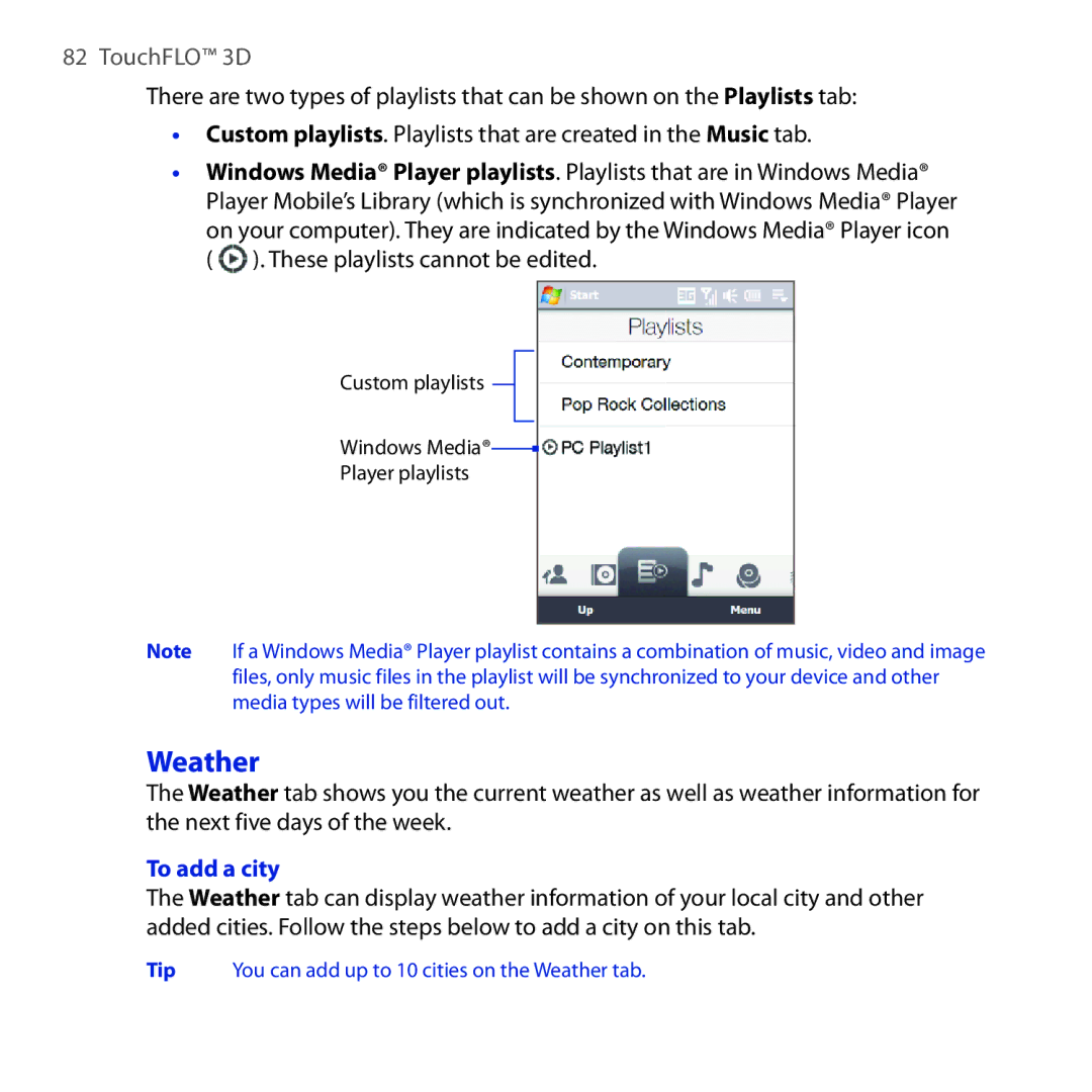 HTC FUZE user manual Weather, To add a city 