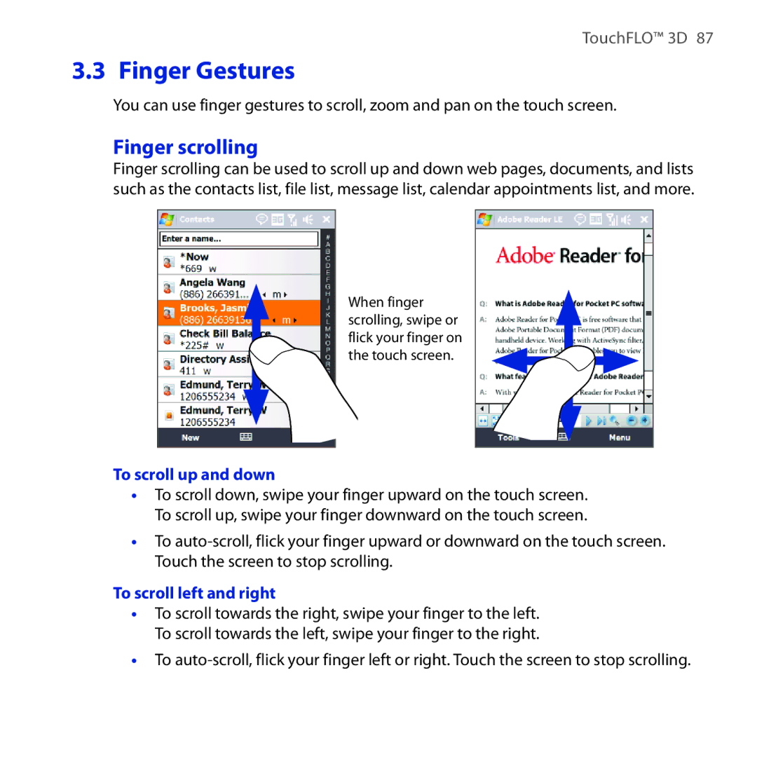 HTC FUZE user manual Finger scrolling, To scroll up and down, To scroll left and right 