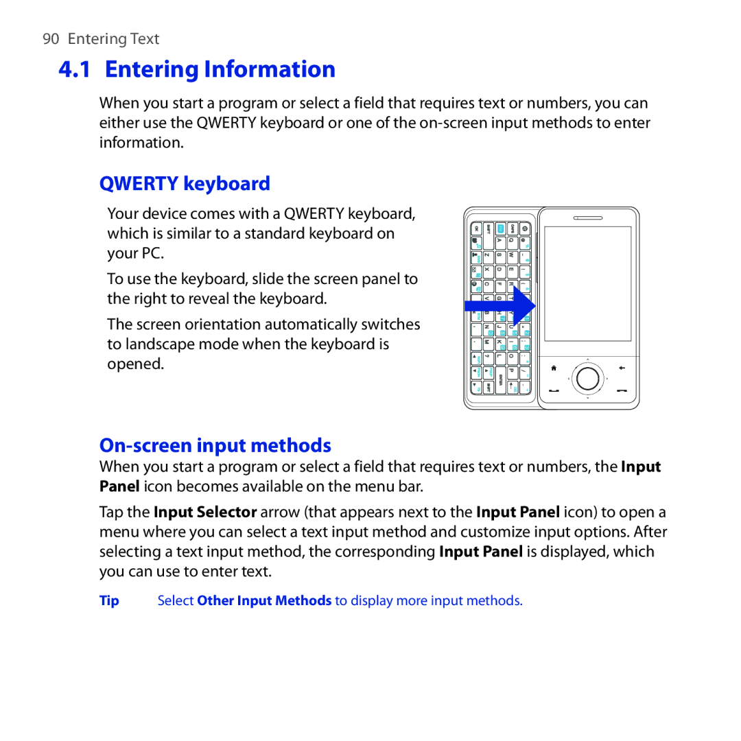 HTC FUZE user manual Entering Information, Qwerty keyboard, On-screen input methods 