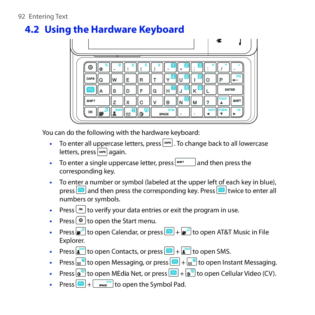 HTC FUZE user manual Using the Hardware Keyboard 