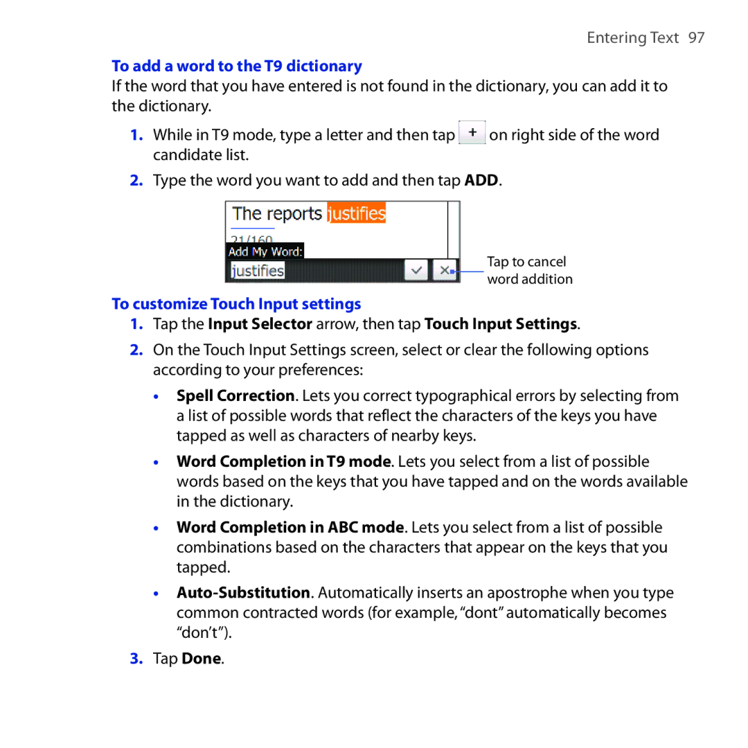 HTC FUZE user manual To add a word to the T9 dictionary, To customize Touch Input settings 