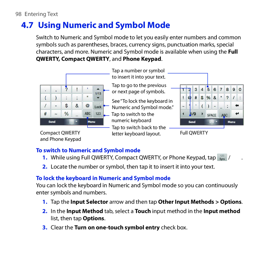 HTC FUZE user manual To switch to Numeric and Symbol mode, To lock the keyboard in Numeric and Symbol mode 