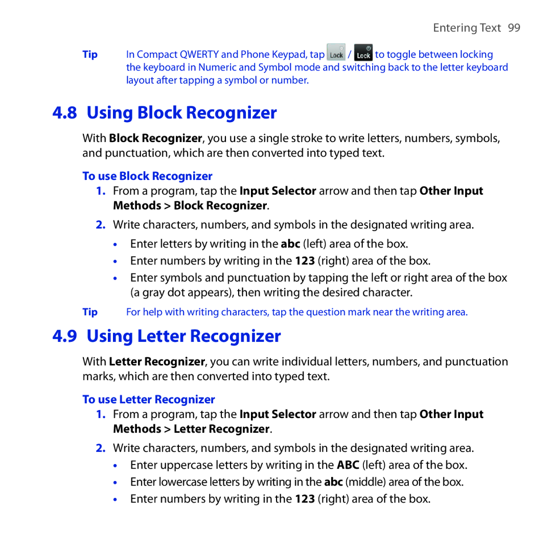 HTC FUZE user manual To use Block Recognizer, To use Letter Recognizer 