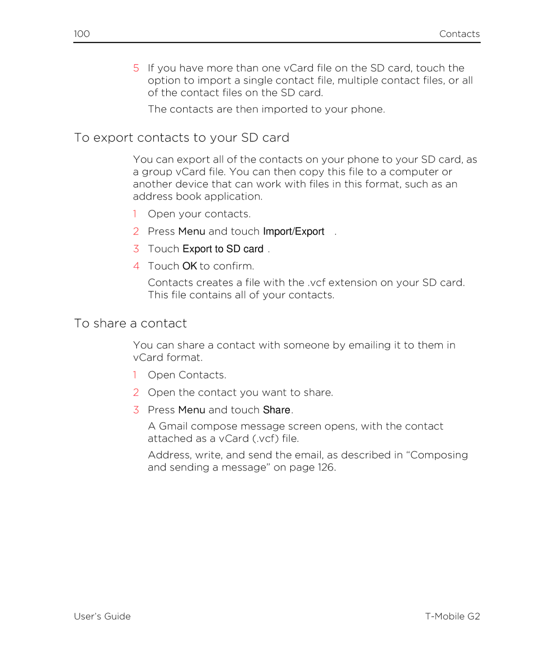 HTC G2 manual To export contacts to your SD card, To share a contact, Touch Export to SD card 