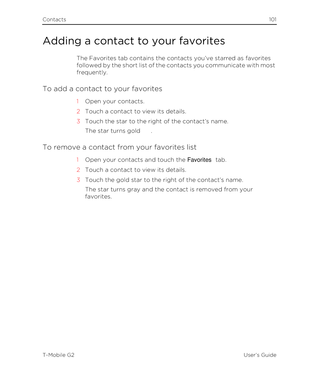 HTC G2 manual Adding a contact to your favorites, To add a contact to your favorites 