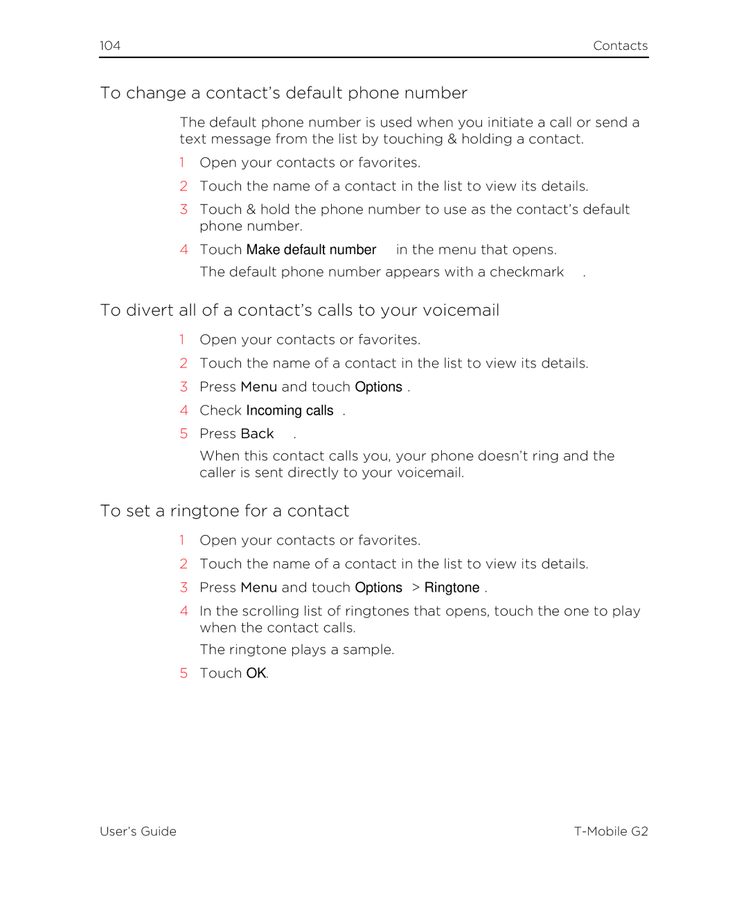 HTC G2 manual To change a contact’s default phone number, To divert all of a contact’s calls to your voicemail 