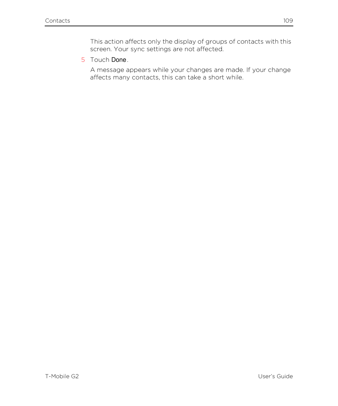 HTC G2 manual Contacts 109 