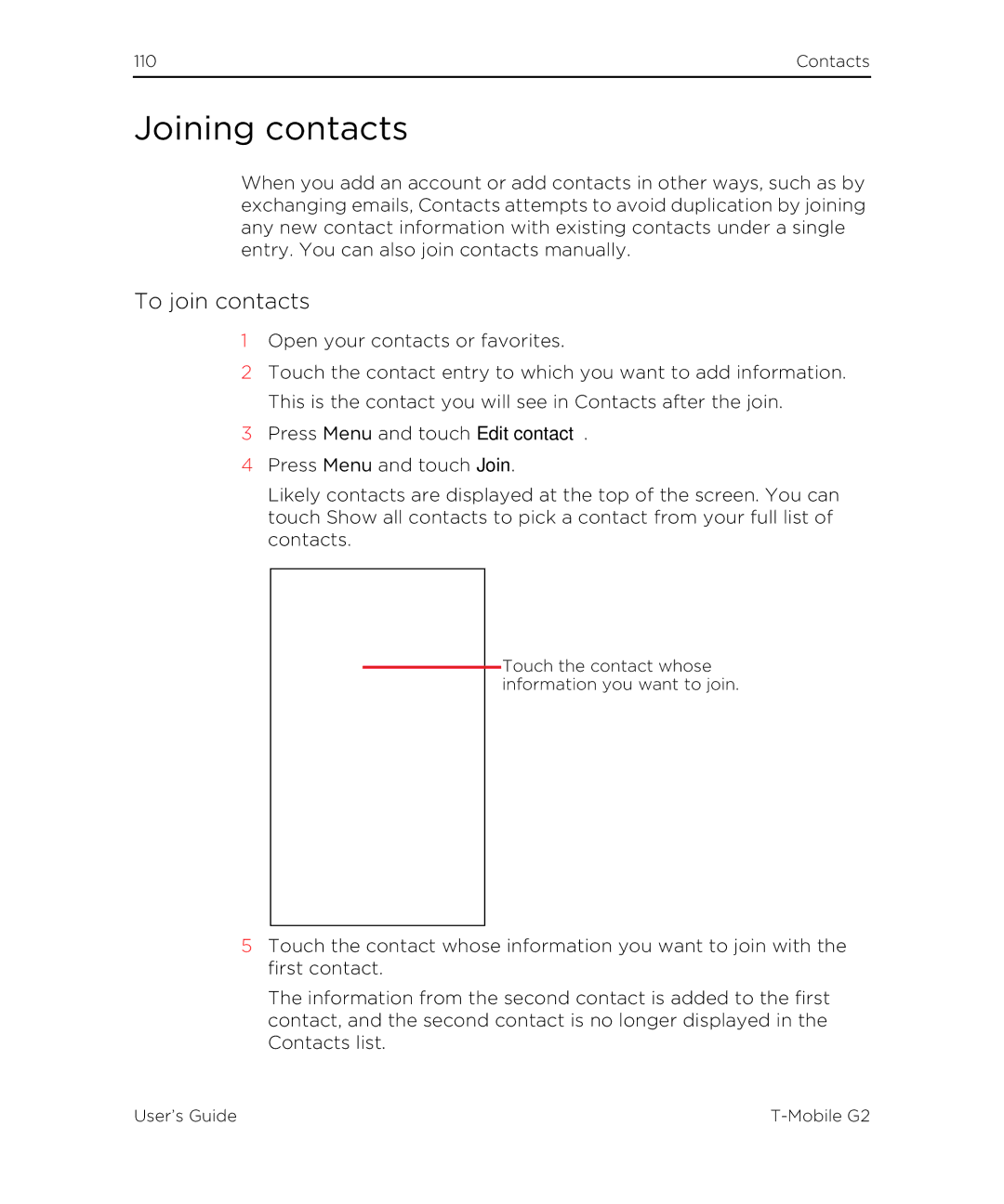 HTC G2 manual Joining contacts, To join contacts 