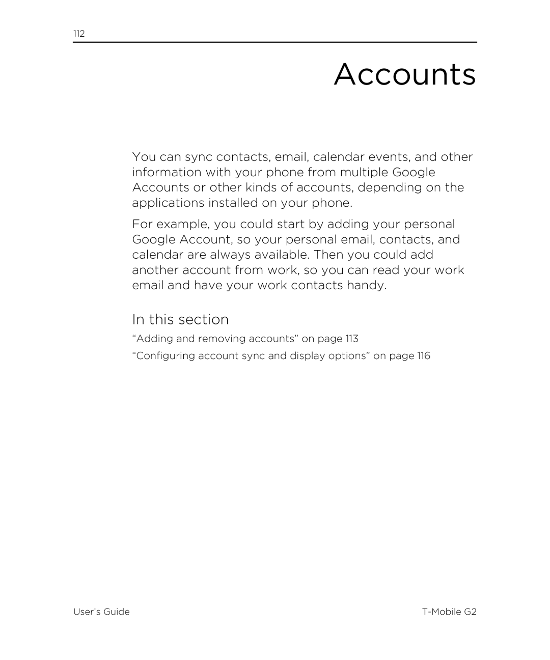 HTC G2 manual Accounts, This section 