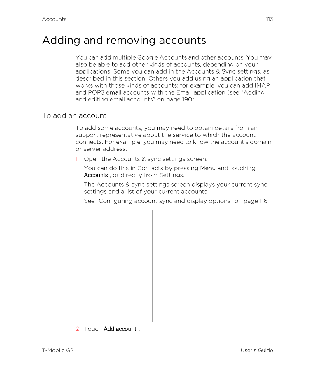 HTC G2 manual Adding and removing accounts, To add an account, Touch Add account 