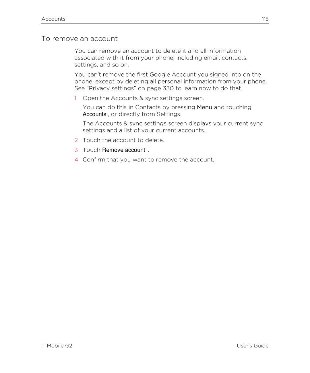 HTC G2 manual To remove an account, Touch Remove account 