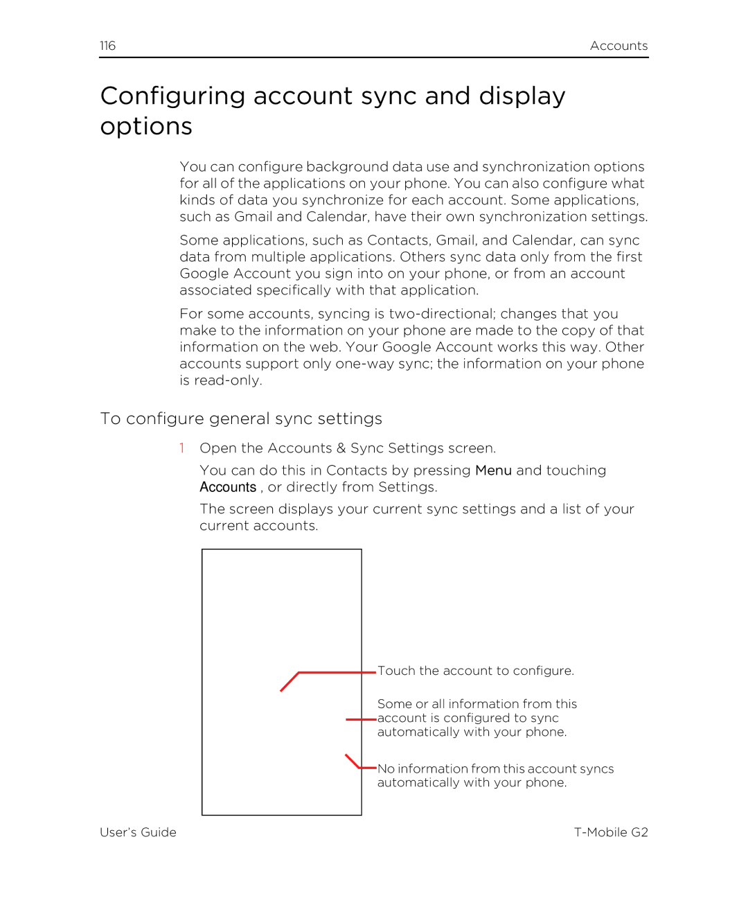 HTC G2 manual Configuring account sync and display options, To configure general sync settings 