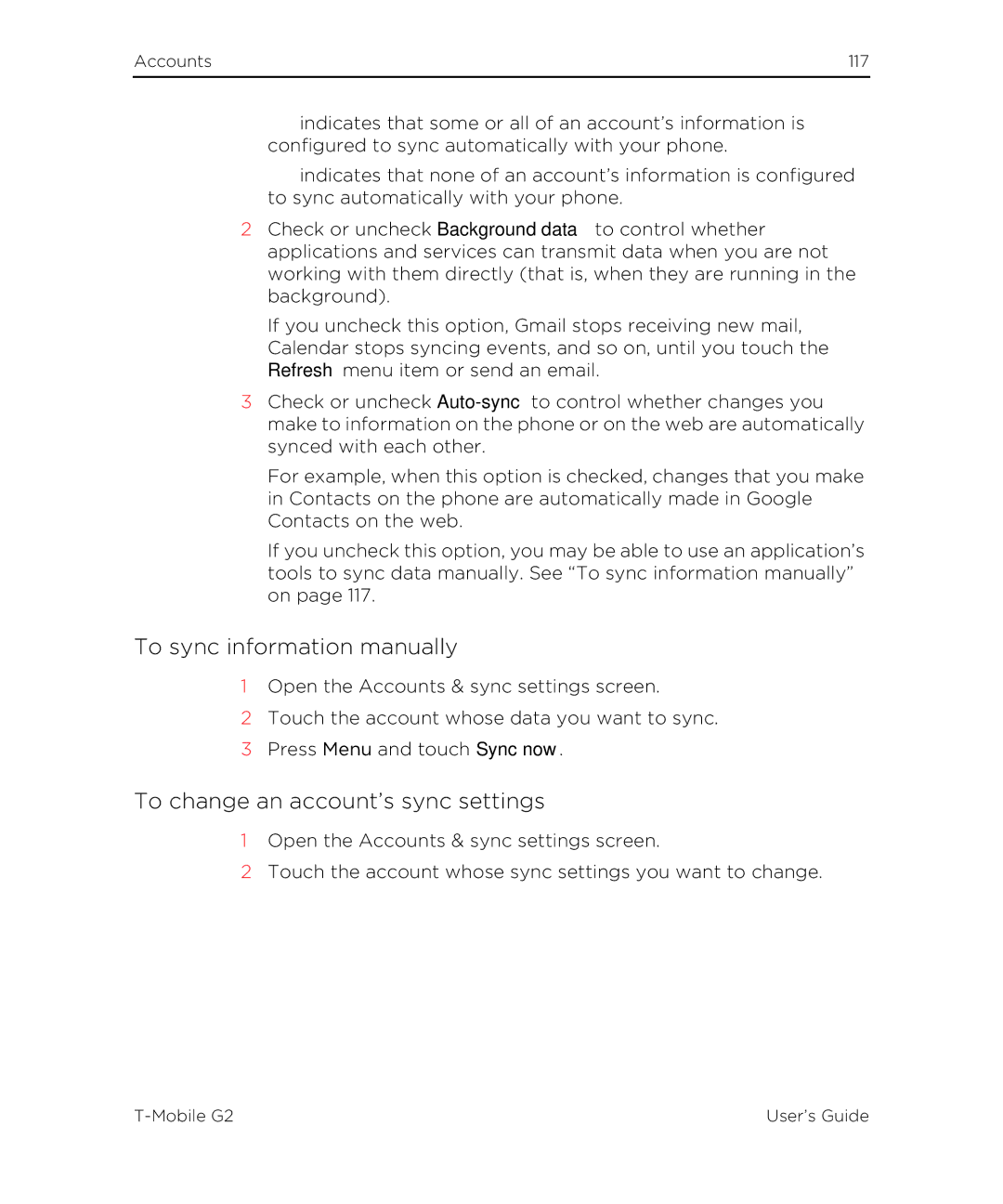 HTC G2 To sync information manually, To change an account’s sync settings 
