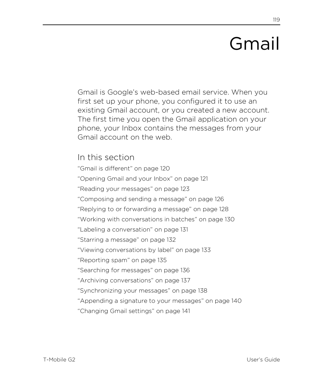 HTC G2 manual Gmail, This section 