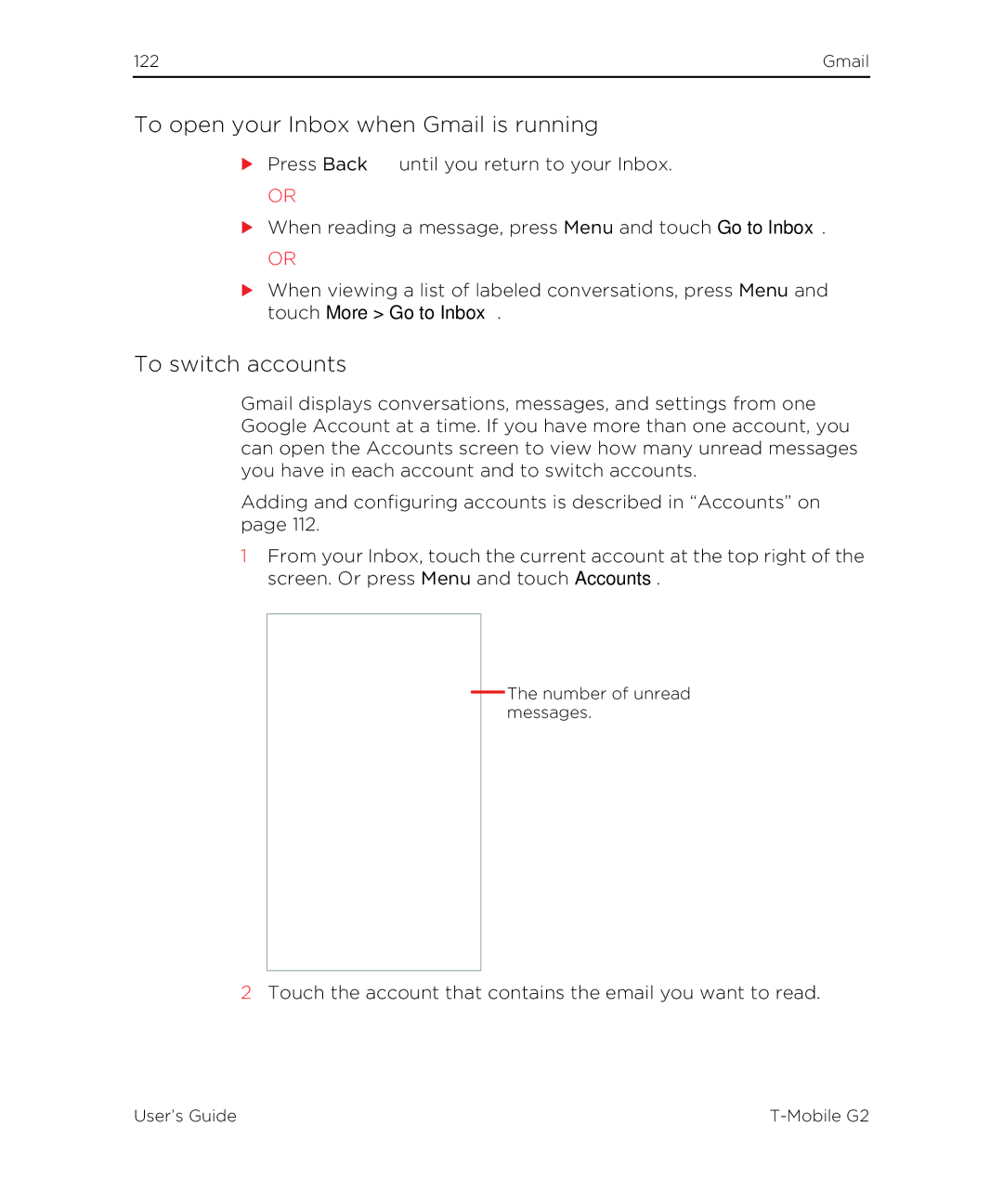 HTC G2 manual To open your Inbox when Gmail is running, To switch accounts 