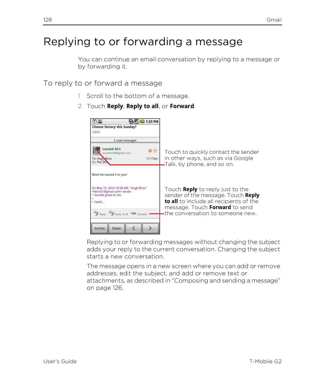 HTC G2 manual Replying to or forwarding a message, To reply to or forward a message, Touch Reply, Reply to all, or Forward 