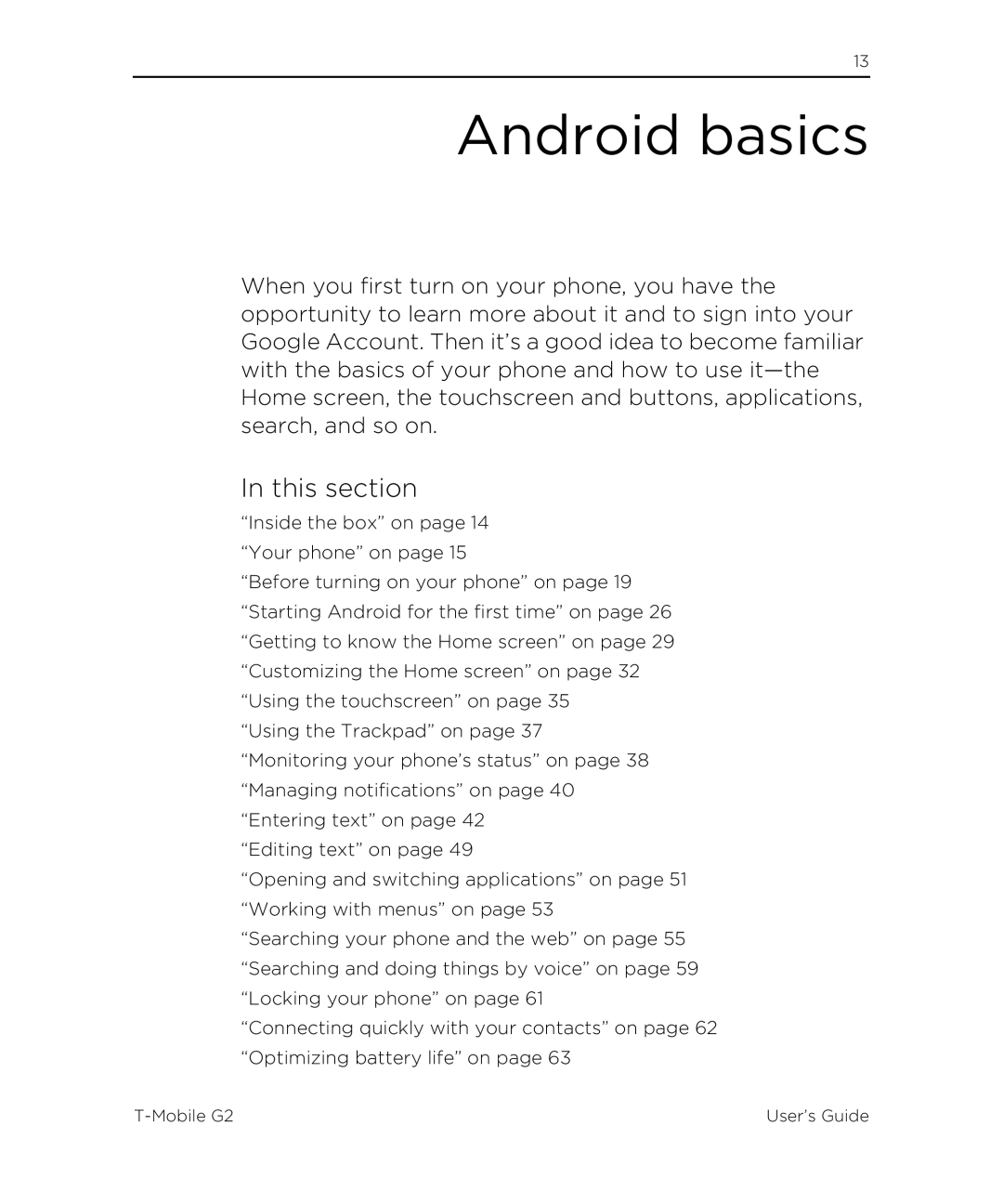 HTC G2 manual Android basics, This section 