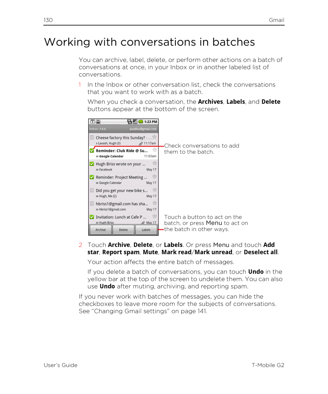 HTC G2 manual Working with conversations in batches 